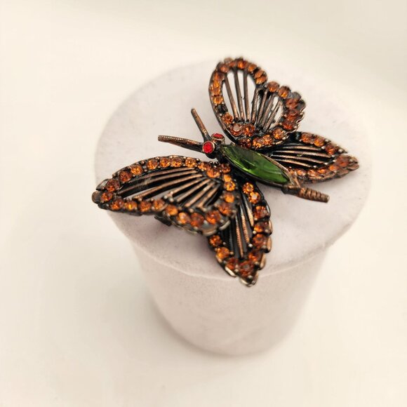 Vintage  Weiss Bronze Butterfly Brooch With Amber & Green Rhinestones - Picture 3 of 10
